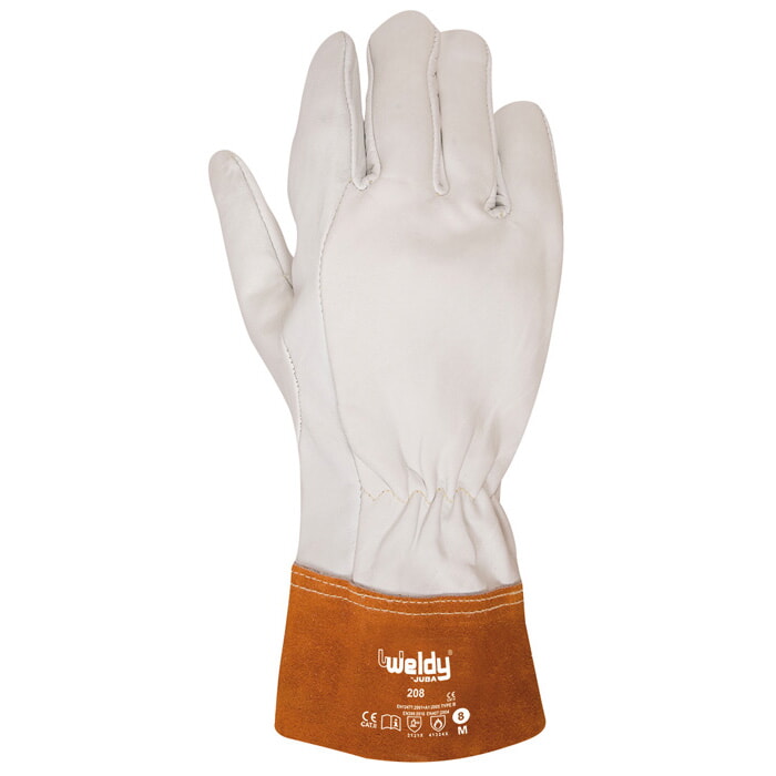 Guante Todo Cuero Flor Vacuno Color Natural con Manguito de Serraje. Talla 7