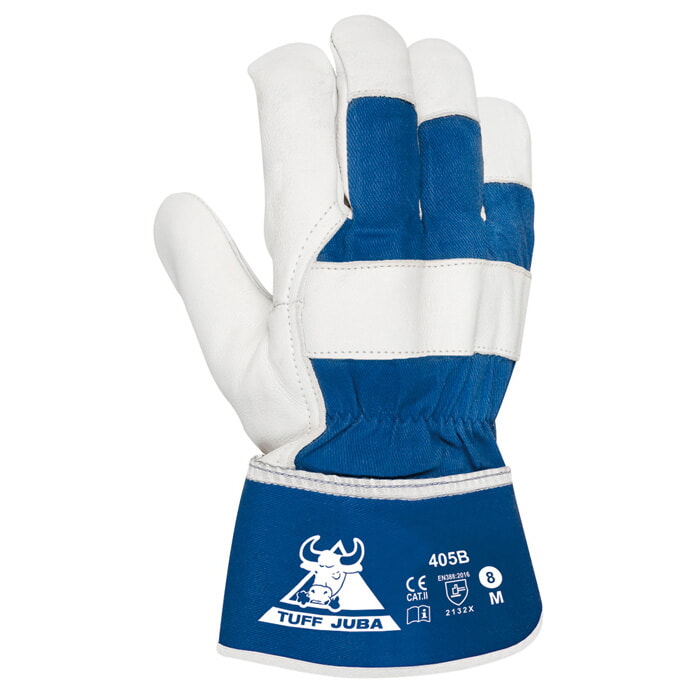 Guante Americano Flor Vacuno Natural con Lona Azul, Forrado en Palma. Talla 8