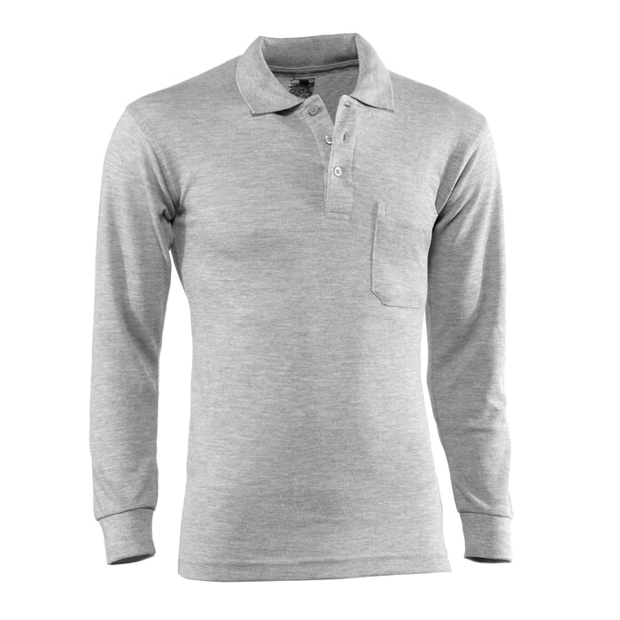 Polo Pique Manga Larga Poliester/Algodón "Single Tuck", Bolsillo. Color Gris. Talla L