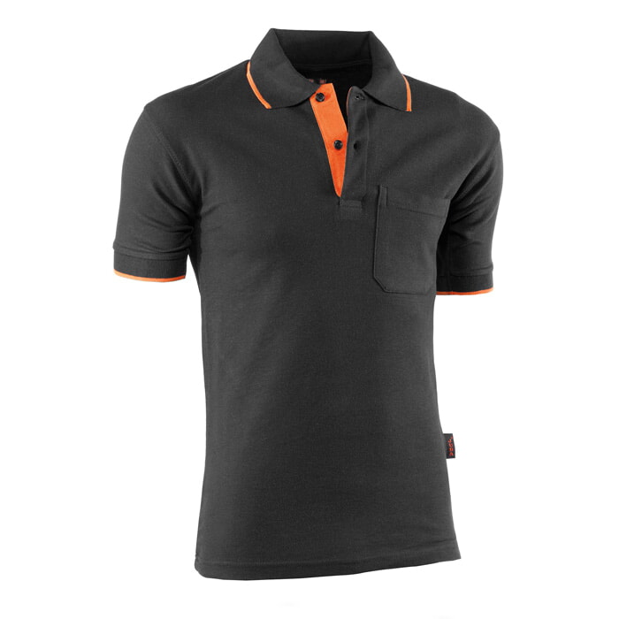 Polo Pique Manga Corta 100% Algodón "Top Range". Negro con detalles en Naranja. Talla XS