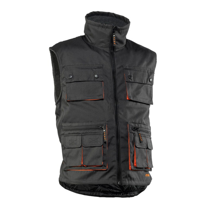 "Profesional" Chaleco Multibolsillos Poliester/Pu con Forro Polar, Negro detalles Naranjas. Talla XL