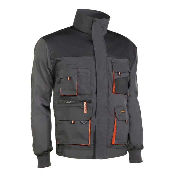 Cazadora Multibolsillos de Poliester/Algodón. Color Gris/Negro/Naranja. Talla L