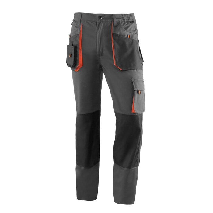 Pantalón Largo Multibolsillos de Poliester/Algodón. Color Gris/Negro/Naranja. Talla S