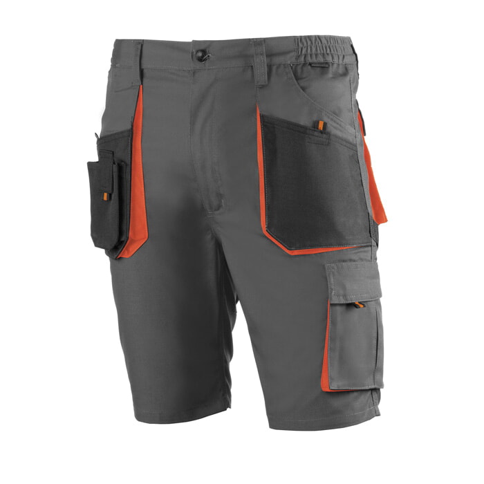 Pantalón Corto Multibolsillos de Poliester/Algodón. Color Gris/Negro/Naranja. Talla M