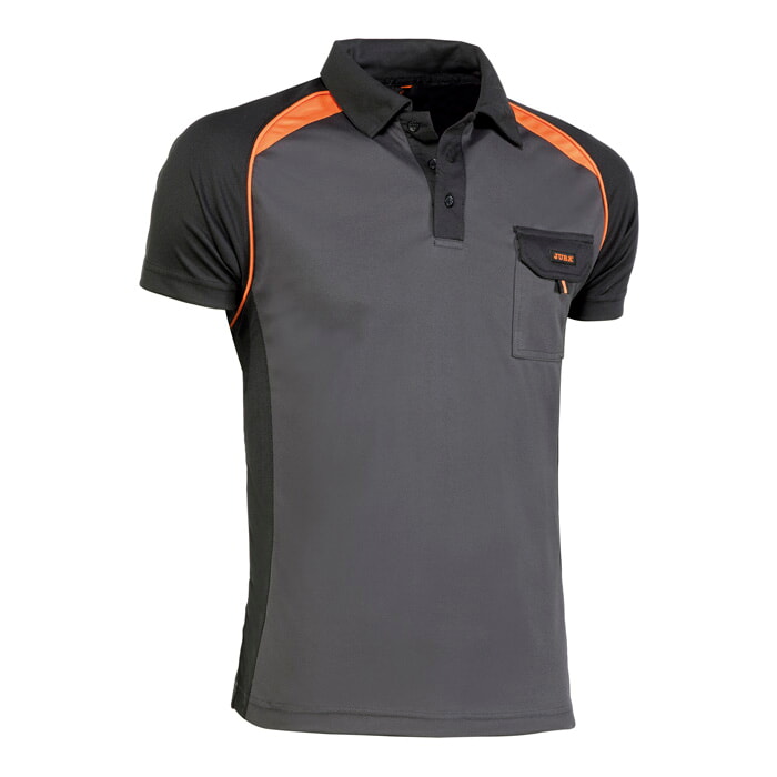 Polo Transpirable Manga Corta, Bolsillo. Color Negro con detalles en Naranja. Talla XL