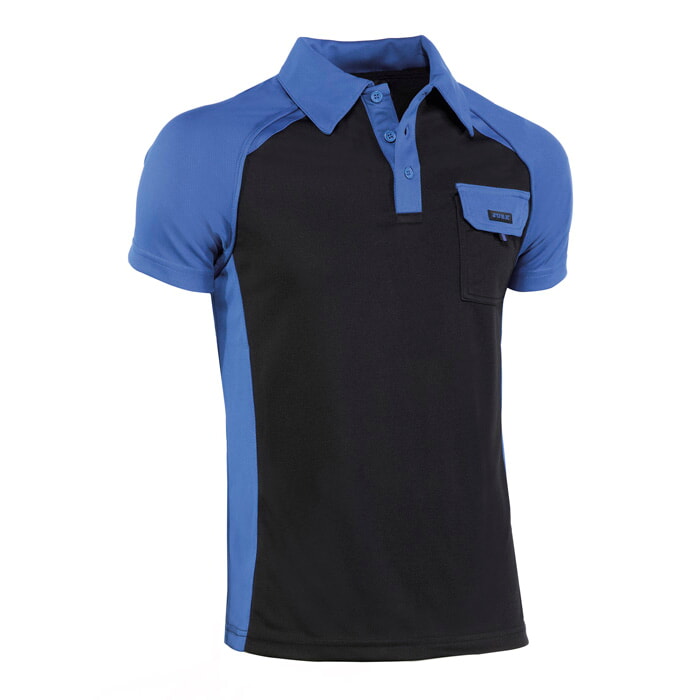 Polo Transpirable Manga Corta, Bolsillo. Color Negro con detalles en Azulina. Talla S