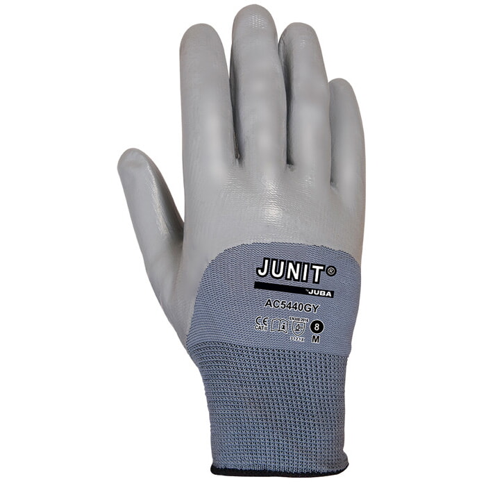 "Junit®" Guante de Nylon Gris con Recubrimiento Nitrilo Palma y Medio Dorso. Talla 10