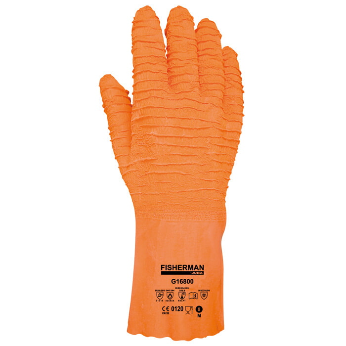 Guante de Látex Rugoso Naranja Todo Recubierto Sobre Soporte de Algodón Interlock. Talla 11