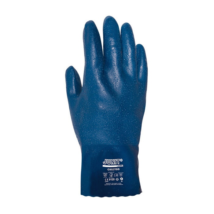 Guante Nitrilo Color Azul, Sobre Soporte de Algodón Interlock Afelpado, Rugoso. Talla 10