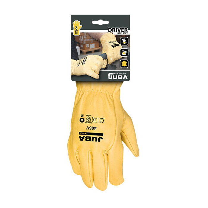 Guante conductor Cuero Flor Vacuno Amarillo, Elástico de Ajuste. Talla 8