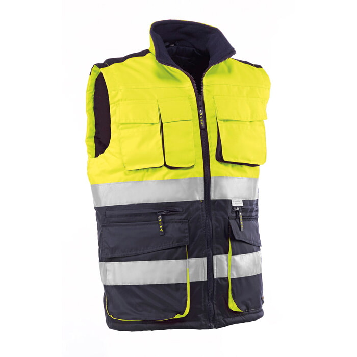 "Elbrus" Chaleco Multibolsillos Poliester/Nylon, Acolchado. Color Amarillo/Marino. Talla XL
