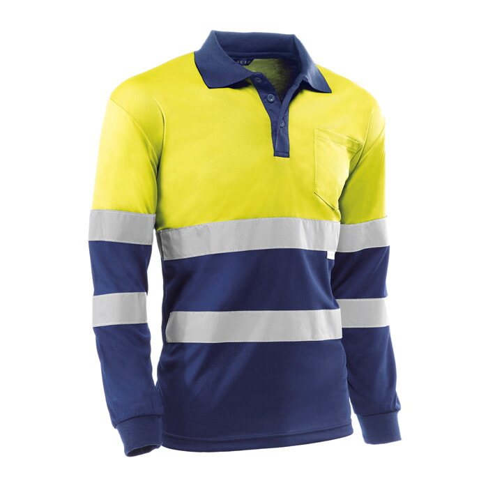 Polo Manga Larga Transpirable de 100% Poliester con Bandas. Color Amarillo/Marino. Talla XXL