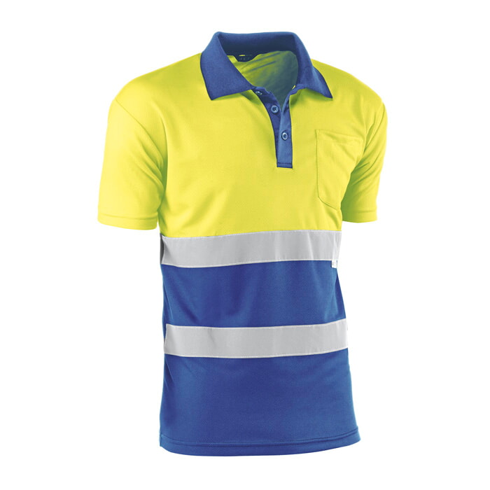 "Gales" Polo Alta Visibilidad Manga Corta con Bandas Reflectantes, Bicolor Amarillo/Azulina. Talla S