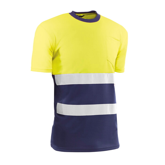 Camiseta Manga Corta Transpirable de 100% Poliester con Bandas. Color Amarillo/Marino. Talla XXL