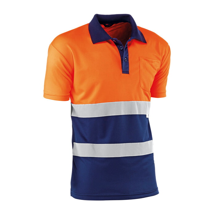 Polo Manga Corta Transpirable de Poliester. Color Naranja/Marino. Bandas Reflectantes. Talla XXL