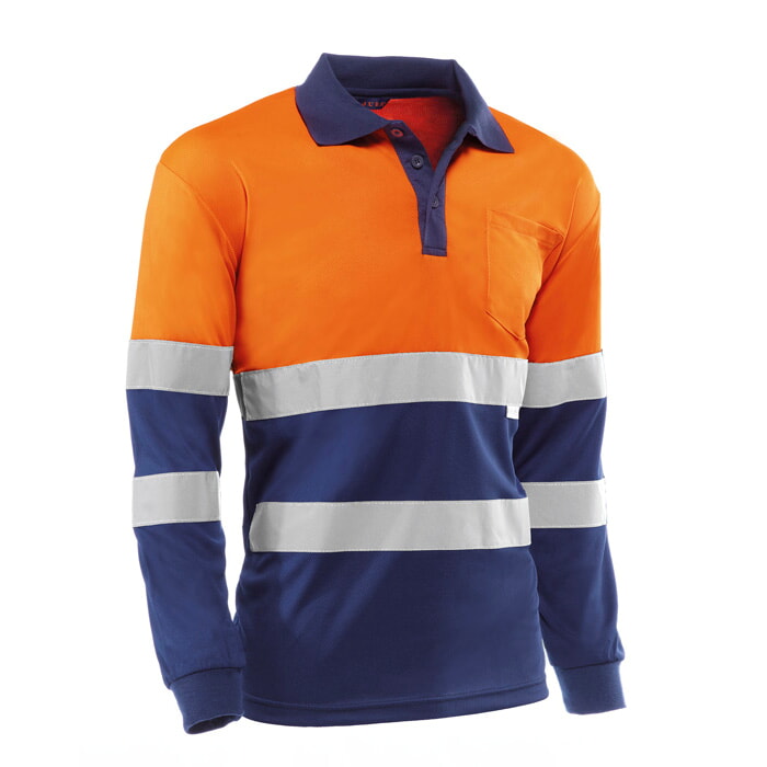 Polo Manga Larga Transpirable de 100% Poliester con Bandas. Color Naranja/Marino. Talla XXL