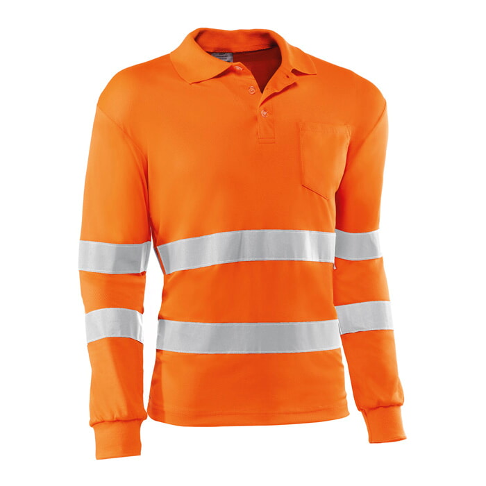 Polo Transpirable de Poliamida Alta Visibilidad, Bandas 3M, Color Naranja. Manga Larga. Talla L