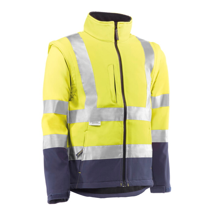 Chaqueta Forro Polar Softshell, Bandas 3M. Mangas desmontables. Color Amarillo/Marino. Talla M