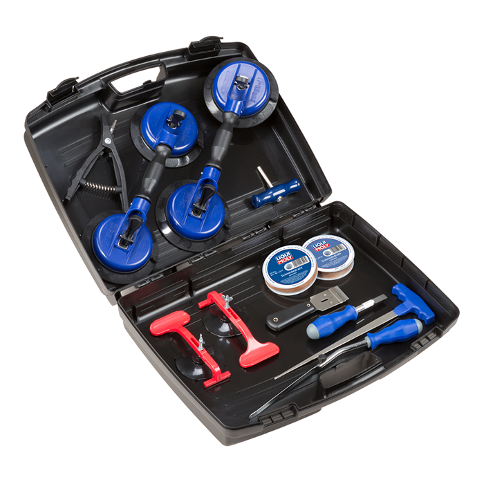 Caja llena de herramientas para la reparación de cristales 1stk